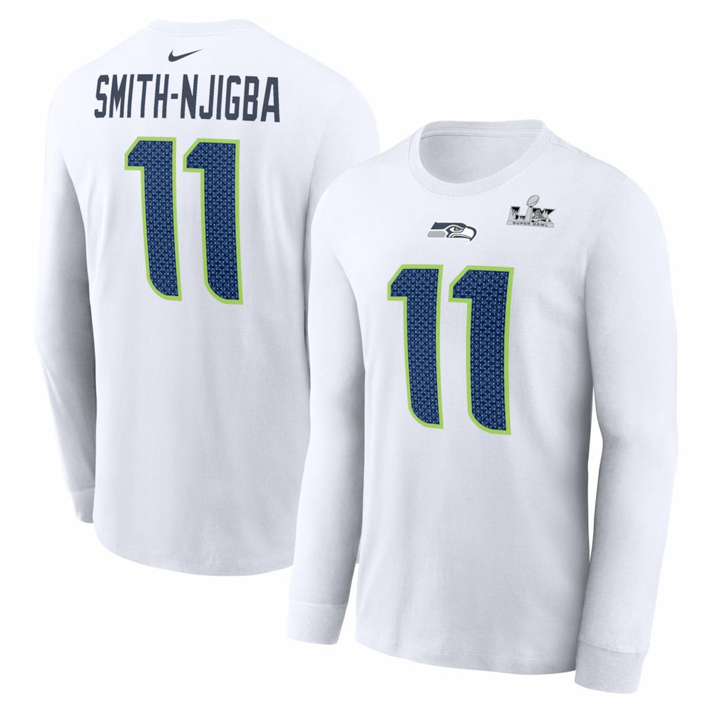 Jaxon Smith-Njigba Seattle Seahawks Super Bowl LX Champions Patch Name & Number Long Sleeve T-Shirt - White sale