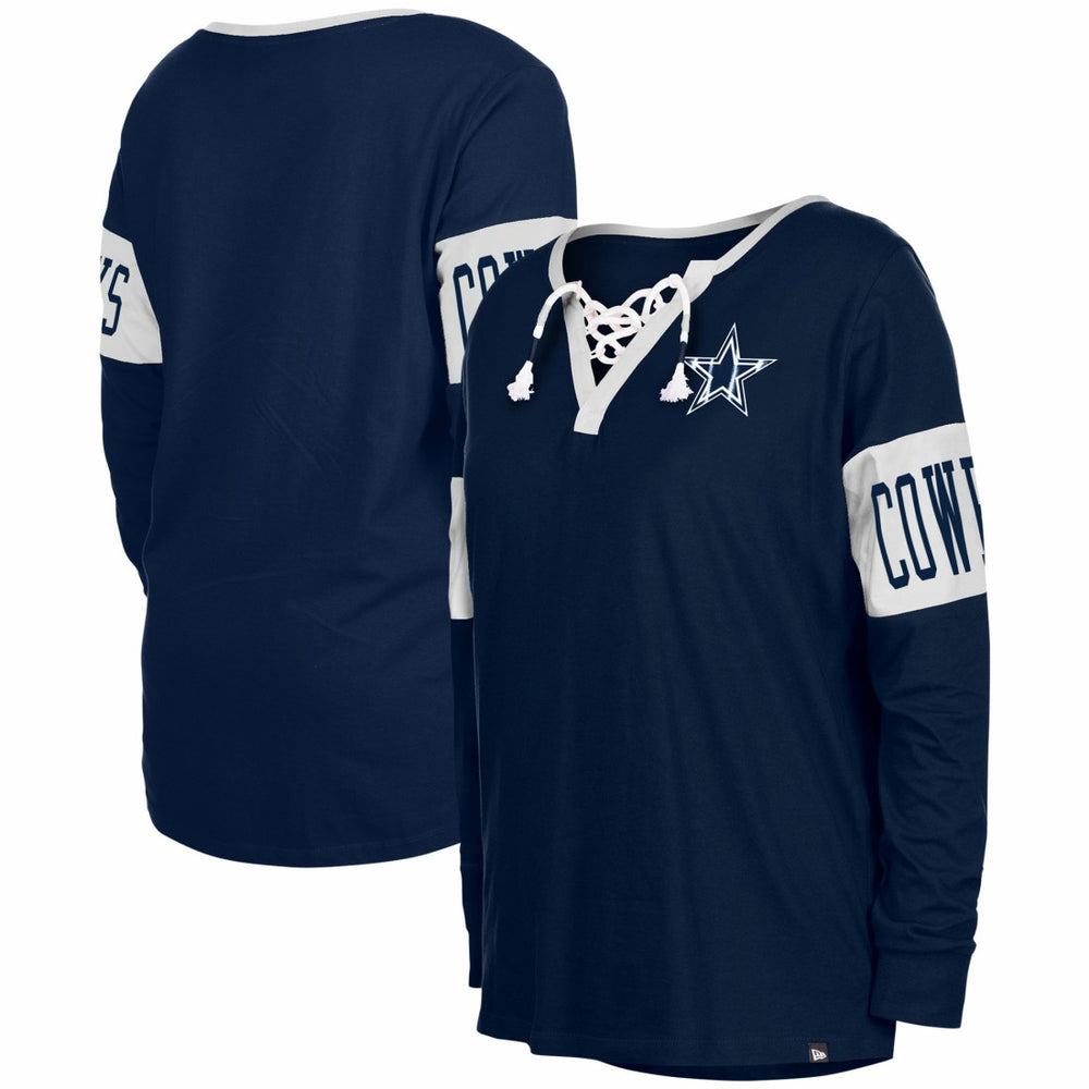 Dallas Cowboys New Era Women's Lace-Up Notch Neck Long Sleeve T-Shirt - Navy outlet