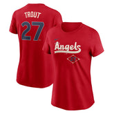 Mike Trout Los Angeles Angels Women's 2024 City Connect Fuse Player Name & Number T-Shirt Red