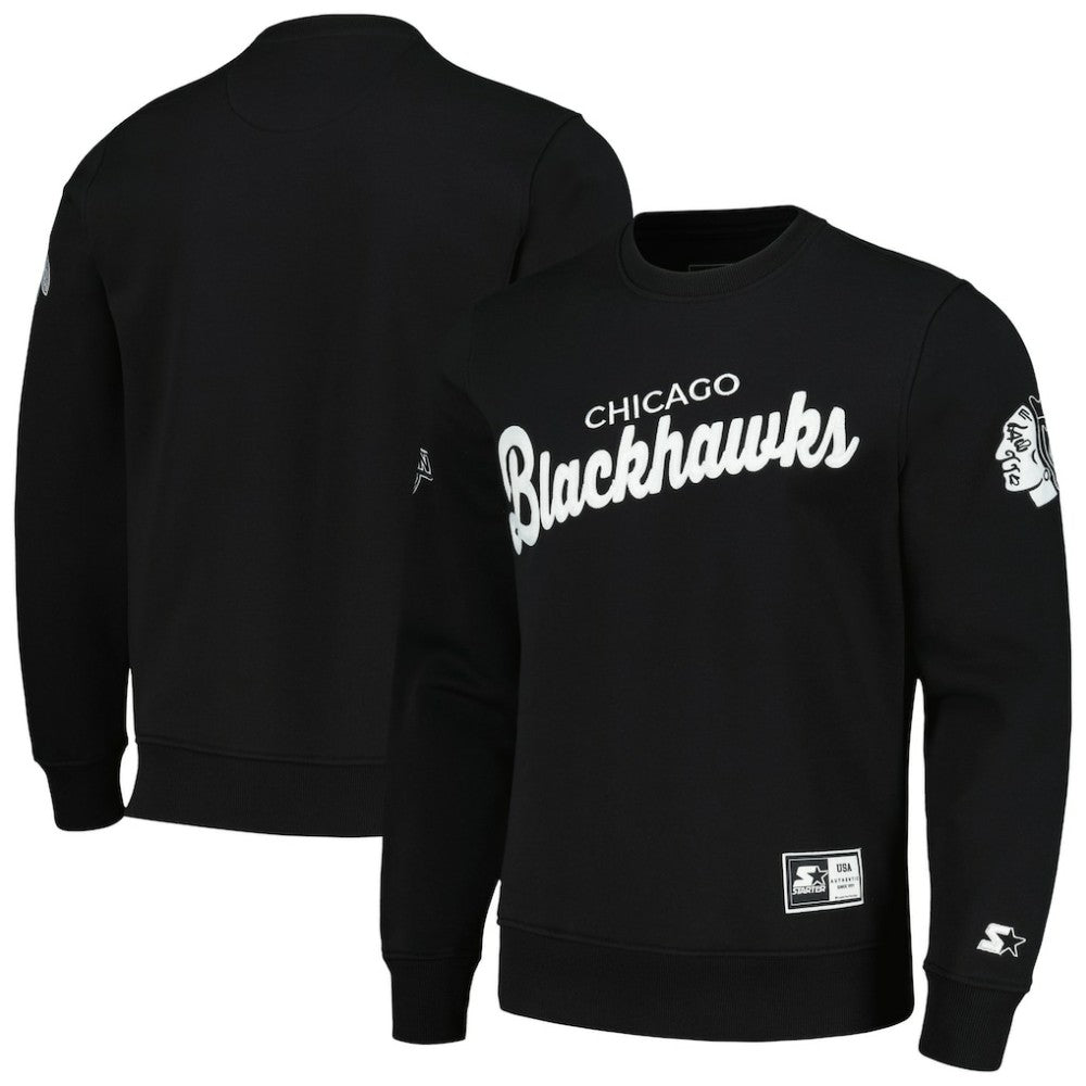 Chicago Blackhawks Starter x NHL Black Ice Cross Check Pullover Sweatshirt - Black Sweatshirts