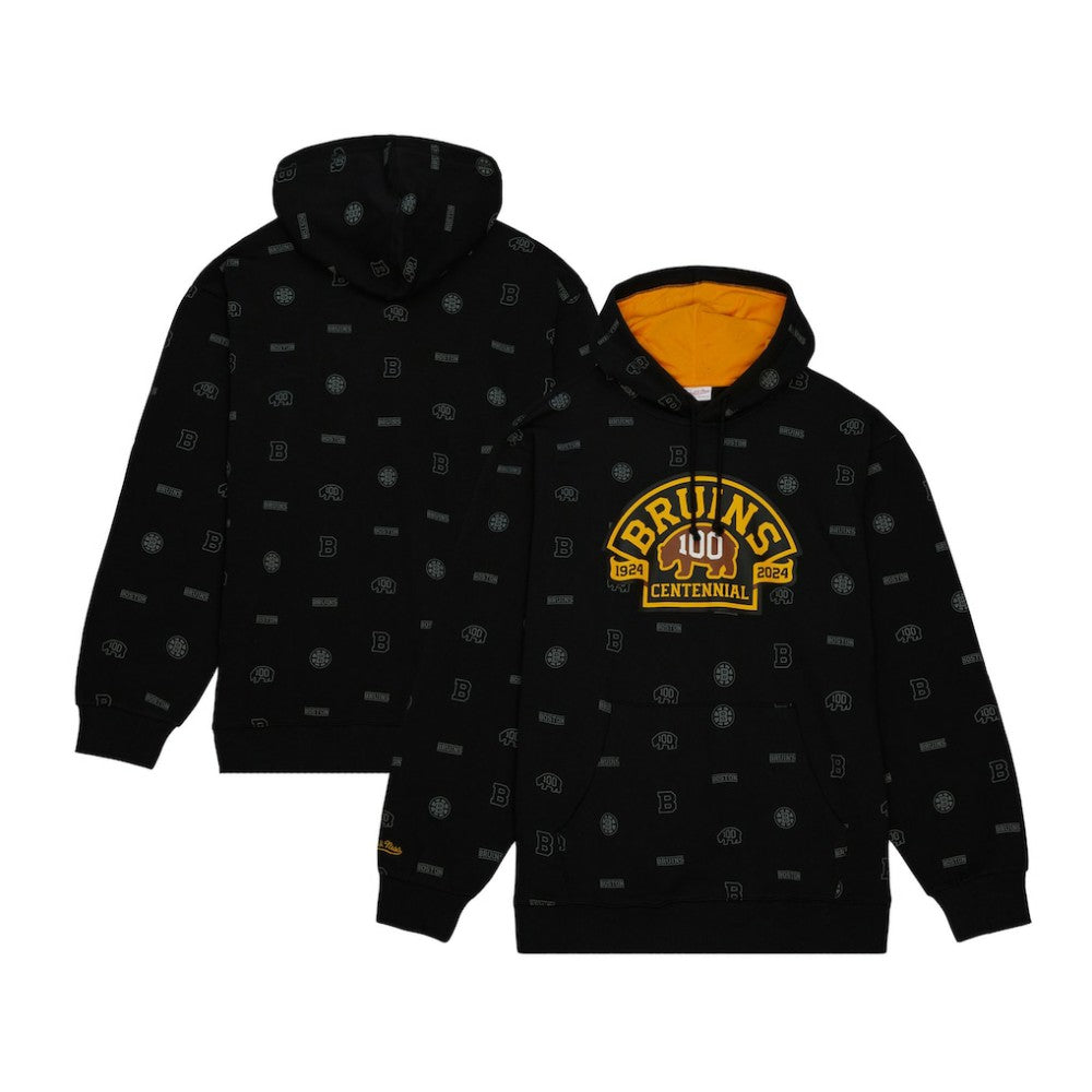 Boston Bruins Mitchell & Ness 100th Anniversary Allover Print Pullover Hoodie - Black Hoodies