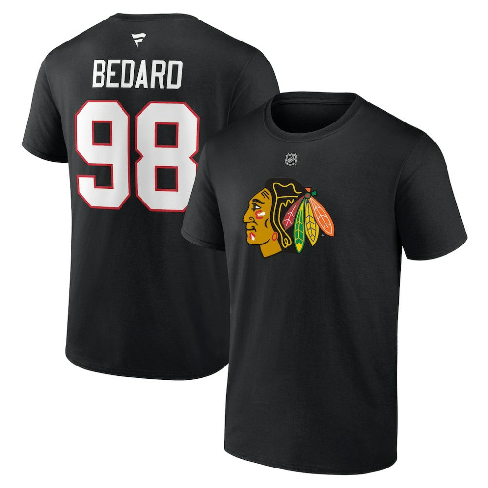 Connor Bedard Chicago Blackhawks Fanatics Authentic Stack Name & Number T-Shirt - Black T-shirts