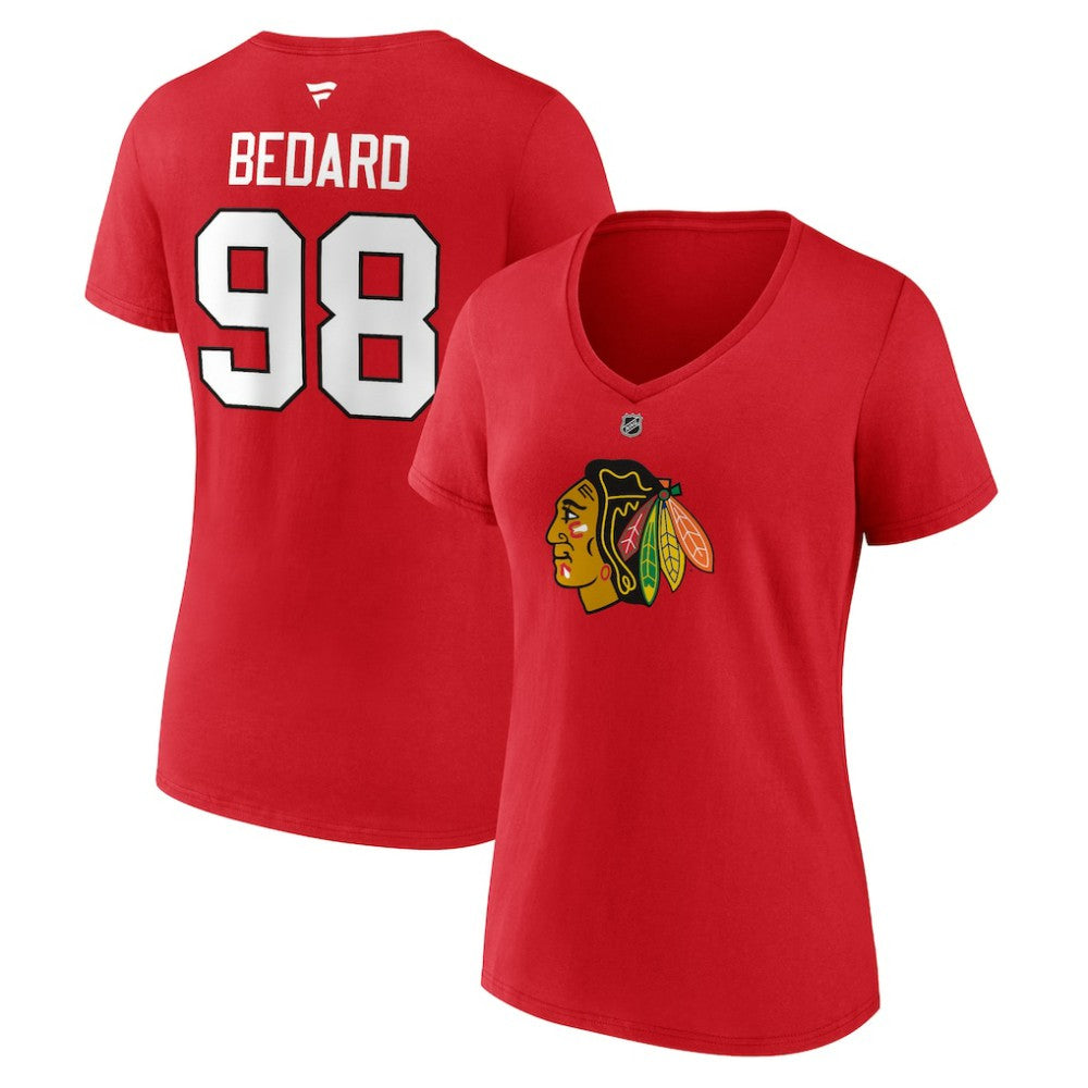 Connor Bedard Chicago Blackhawks Fanatics Women's Authentic Stack Name & Number V-Neck T-Shirt - Red T-shirts