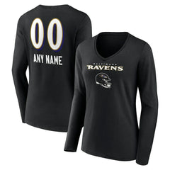 Baltimore Ravens Women's Personalized Name & Number Team Wordmark Long Sleeve V-Neck T-Shirt - Black for sale