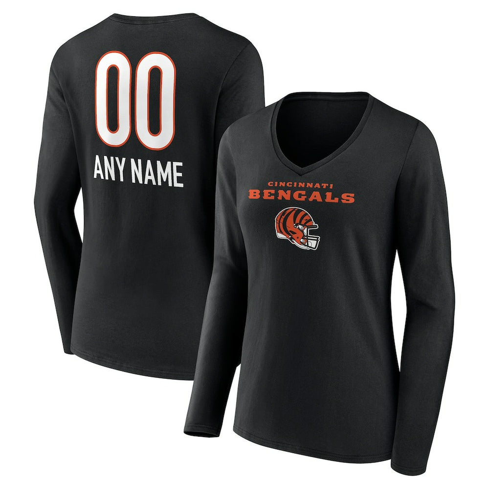 Cincinnati Bengals Women's Personalized Name & Number Team Wordmark Long Sleeve V-Neck T-Shirt - Black outlet