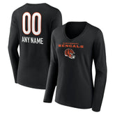 Cincinnati Bengals Women's Personalized Name & Number Team Wordmark Long Sleeve V-Neck T-Shirt - Black outlet
