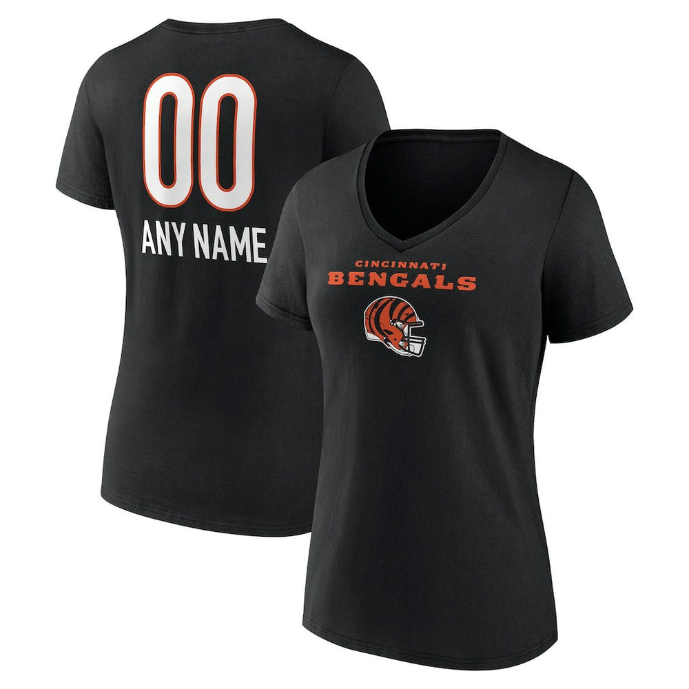 Cincinnati Bengals Women's Personalized Name & Number Team Wordmark V-Neck T-Shirt - Black on sale