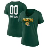 Green Bay Packers Women's Personalized Name & Number Team Wordmark V-Neck T-Shirt - Green for sale