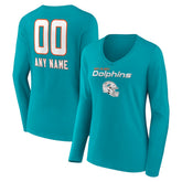 Miami Dolphins Women's Personalized Name & Number Team Wordmark Long Sleeve V-Neck T-Shirt - Aqua for sale