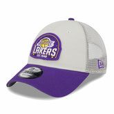 Los Angeles Lakers Throwback Patch Trucker 9FORTY Adjustable Hat - Khaki/Purple sale