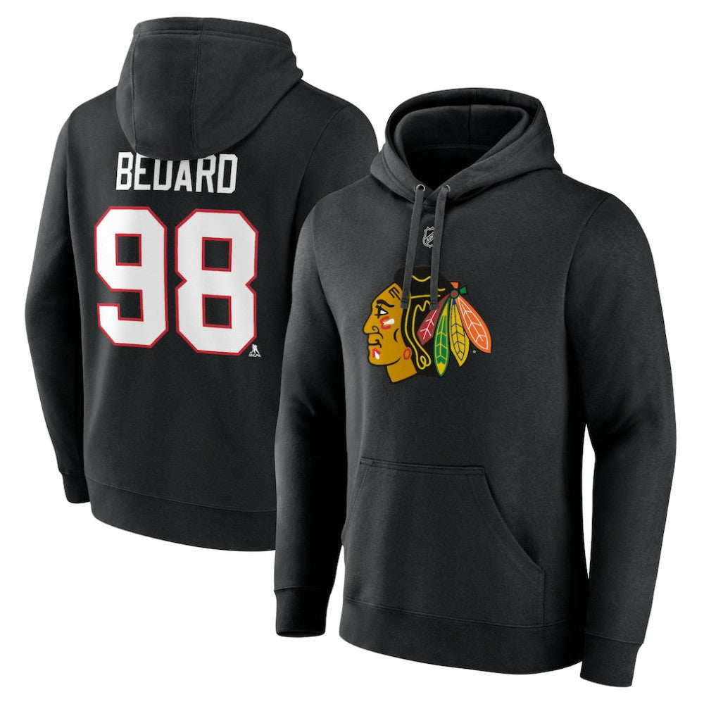 Connor Bedard Chicago Blackhawks Fanatics Authentic Stack Name & Number Tri-Blend Pullover Hoodie - Black Hoodies