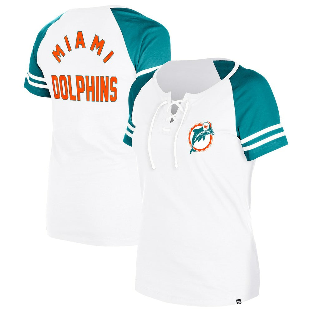 Miami Dolphins New Era Women's Throwback Lace-Up Raglan T-Shirt - Gray sale