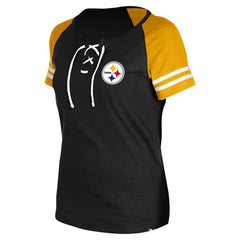Pittsburgh Steelers New Era Women's Lace-Up Raglan T-Shirt - Black cheap