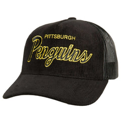 Pittsburgh Penguins Mitchell & Ness Times Up Classic Script Cord Trucker Adjustable Hat - Black Hats
