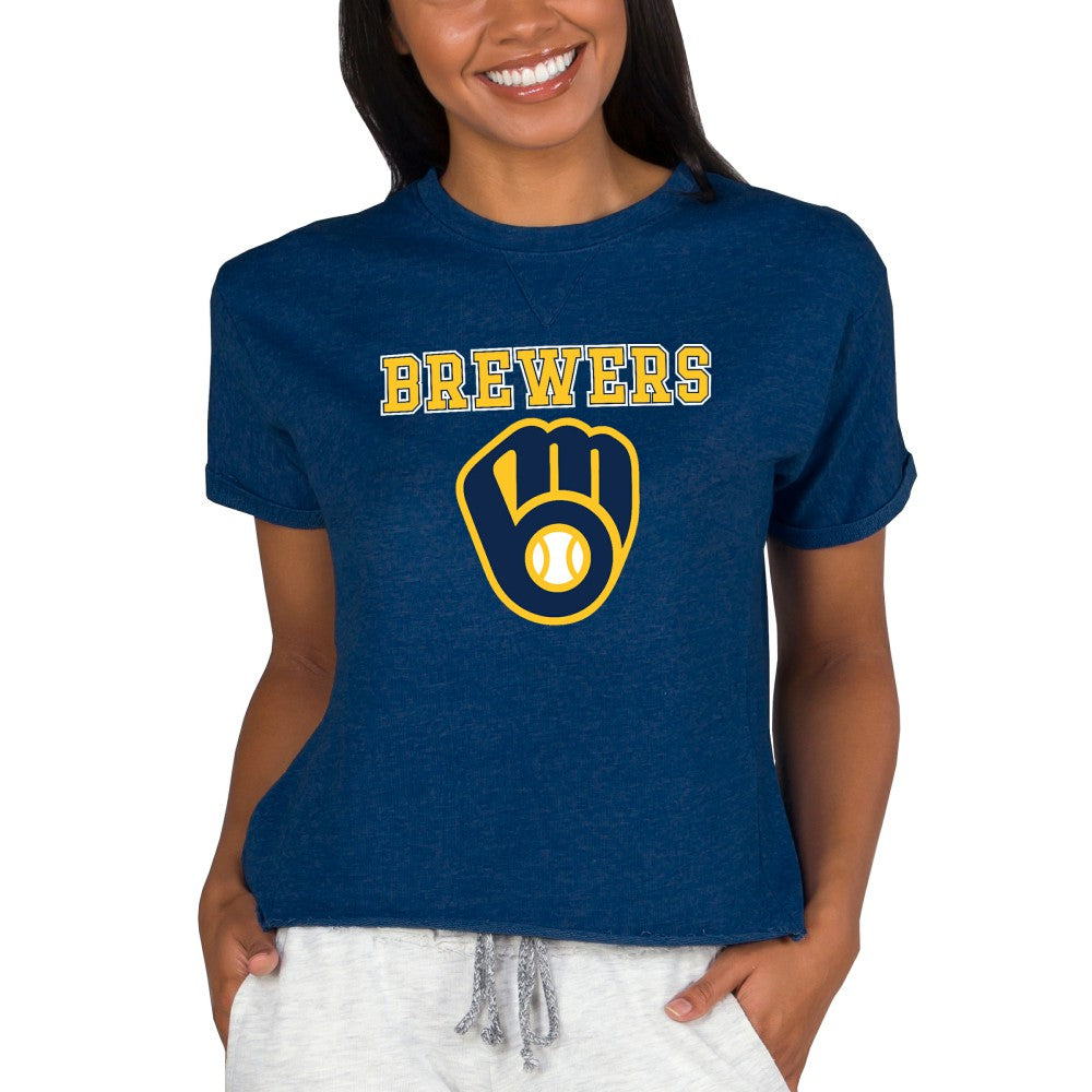 Milwaukee Brewers Concepts Sport Women's Tri-Blend Mainstream Terry Short Sleeve Sweatshirt Top Navy