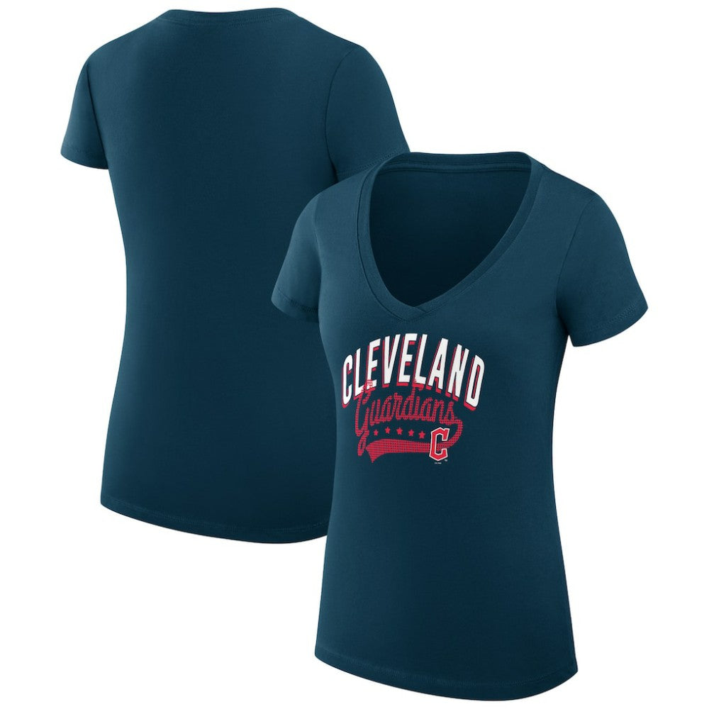 Cleveland Guardians G-III 4Her by Carl Banks Women's Super-Slim Fit Lightweight Filigree Team V-Neck T-Shirt Navy