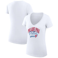 Philadelphia Phillies G-III 4Her by Carl Banks Women's Super-Slim Fit Lightweight Filigree Team V-Neck T-Shirt White