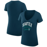 Seattle Mariners G-III 4Her by Carl Banks Women's Super-Slim Fit Lightweight Filigree Team V-Neck T-Shirt Navy
