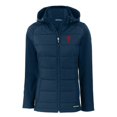 Philadelphia Phillies Cutter & Buck Women's Evoke Hybrid Eco Softshell Recycled Full-Zip Hoodie Jacket Navy