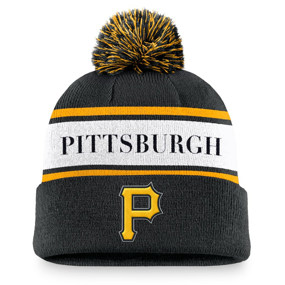 Pittsburgh Pirates Team Stripe Peak Cuffed Knit Hat with Pom Black