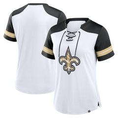 New Orleans Saints Women's Foiled Primary Lace-Up T-Shirt - White/Black discount