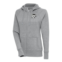 Pittsburgh Penguins Antigua Women's Metallic Logo Victory Full-Zip Hoodie - Heather Gray Hoodies