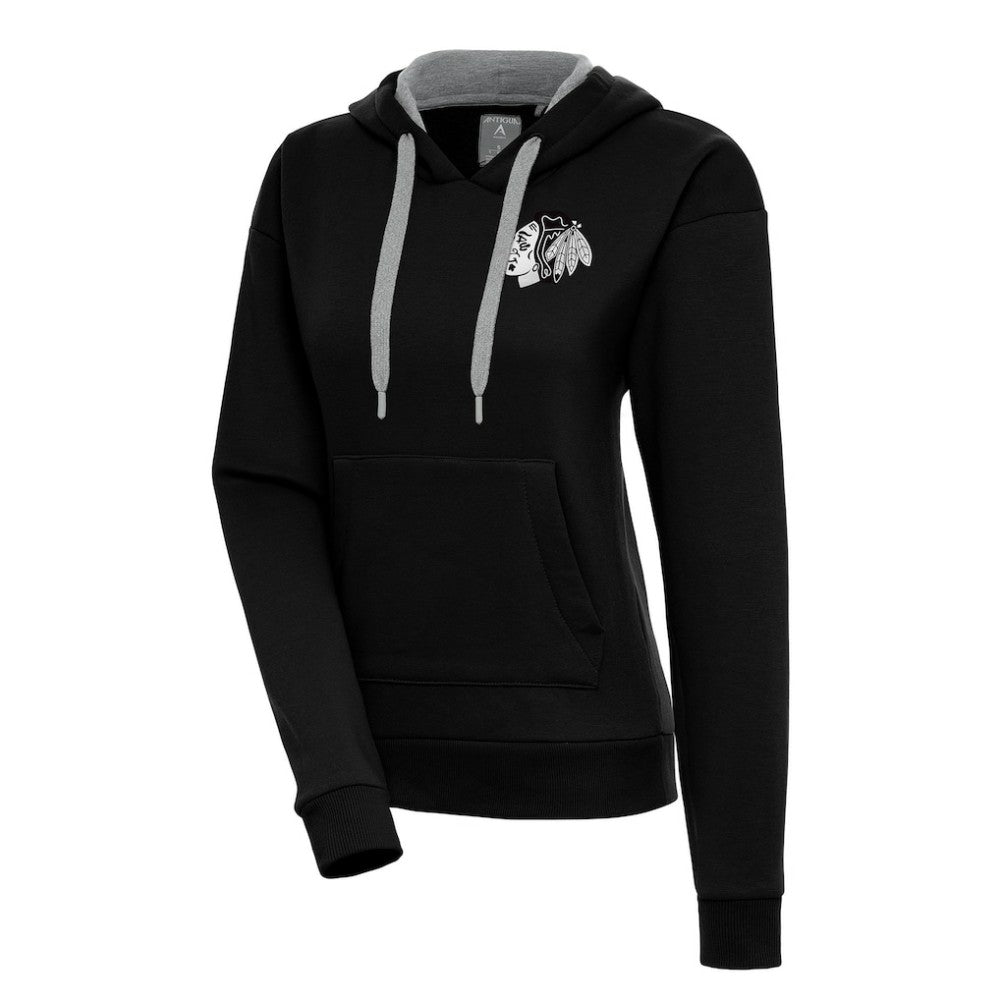 Chicago Blackhawks Antigua Women's Metallic Logo Victory Pullover Hoodie - Black Hoodies
