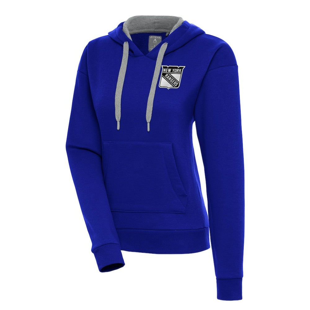 New York Rangers Antigua Women's Metallic Logo Victory Pullover Hoodie - Blue Hoodies