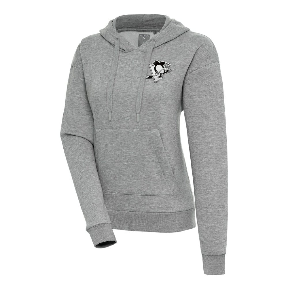 Pittsburgh Penguins Antigua Women's Metallic Logo Victory Pullover Hoodie - Heather Gray Hoodies