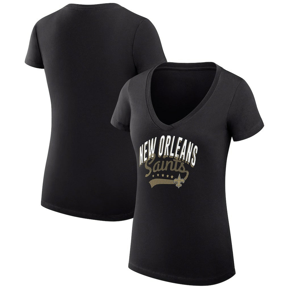 New Orleans Saints G-III 4Her by Carl Banks Women's Super-Slim Fit Lightweight Filigree Logo Lightweight V-Neck T-Shirt – Black discount