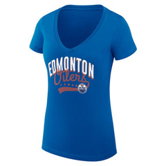 Edmonton Oilers G-III 4Her by Carl Banks Women's Super-Slim Fit Lightweight Filigree Logo V-Neck T-Shirt – Royal T-shirts