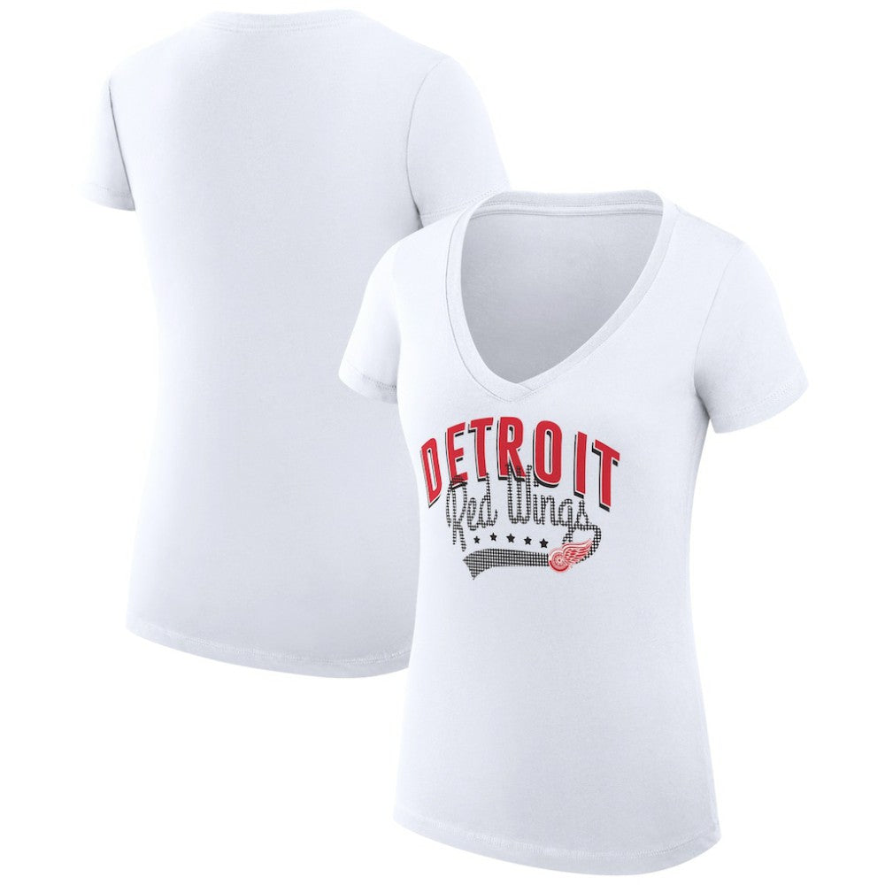 Detroit Red Wings G-III 4Her by Carl Banks Women's Super-Slim Fit Lightweight Filigree Logo V-Neck T-Shirt – White T-shirts
