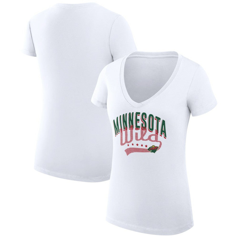 Minnesota Wild G-III 4Her by Carl Banks Women's Super-Slim Fit Lightweight Filigree Logo V-Neck T-Shirt – White T-shirts