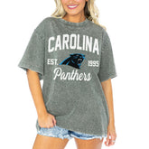 Carolina Panthers Gameday Couture Women's Tackle Titan Boyfriend Washed T-Shirt - Gray for sale