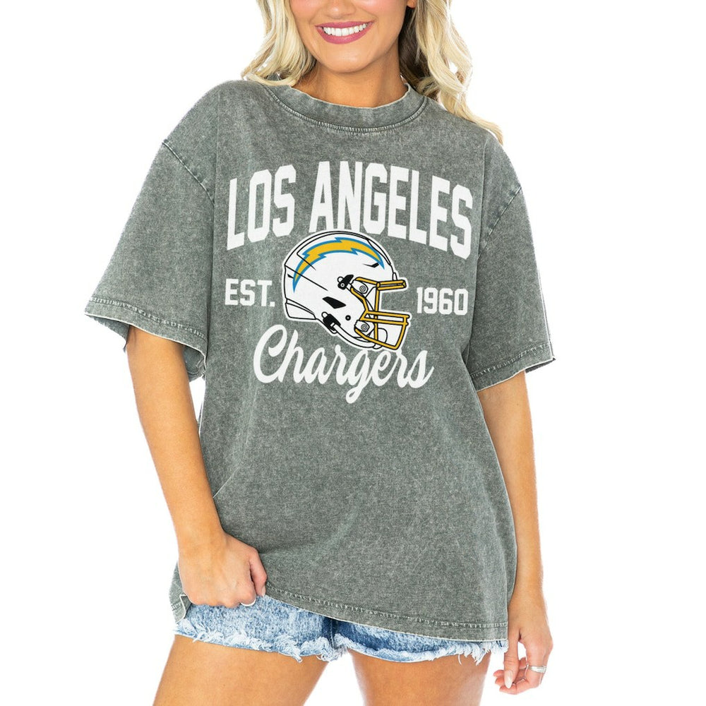 Los Angeles Chargers Gameday Couture Women's Tackle Titan Boyfriend Washed T-Shirt - Gray outlet