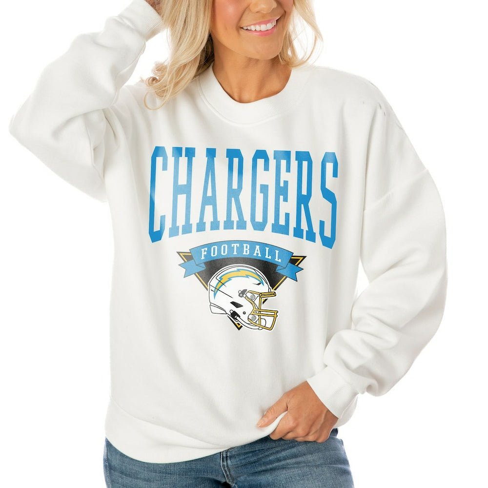 Los Angeles Chargers Gameday Couture Women's Oversized Yard Line Tri-Blend Pullover Sweatshirt - White for sale