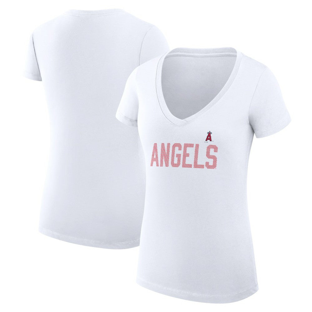 Los Angeles Angels G-III 4Her by Carl Banks Women's Super-Slim Fit Lightweight Dot Print V-Neck T-Shirt White