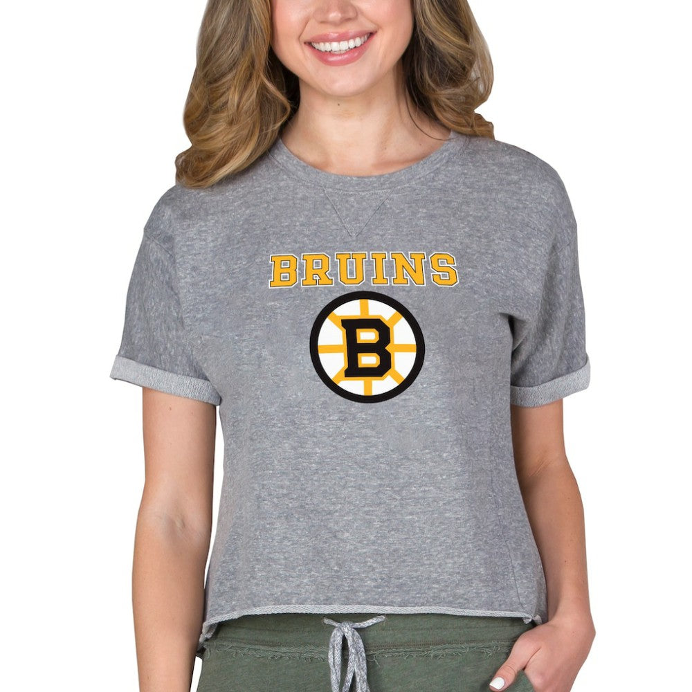 Boston Bruins Concepts Sport Women's Tri-Blend Mainstream Terry Short Sleeve Sweatshirt Top - Heather Gray Sweatshirts