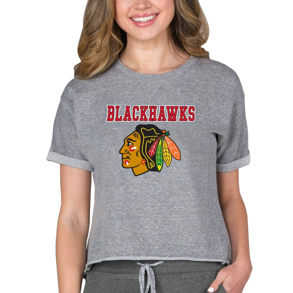 Chicago Blackhawks Concepts Sport Women's Tri-Blend Mainstream Terry Short Sleeve Sweatshirt Top - Heather Gray Sweatshirts