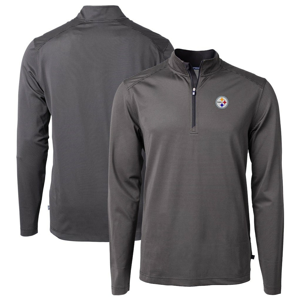 Pittsburgh Steelers Cutter & Buck Virtue Eco Pique Micro Stripe Recycled Quarter-Zip Pullover Top - Black/Gray for sale