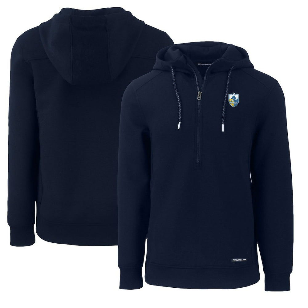 Los Angeles Chargers Cutter & Buck Throwback Roam Eco Half-Zip Recycled Pullover Hoodie - Navy on sale