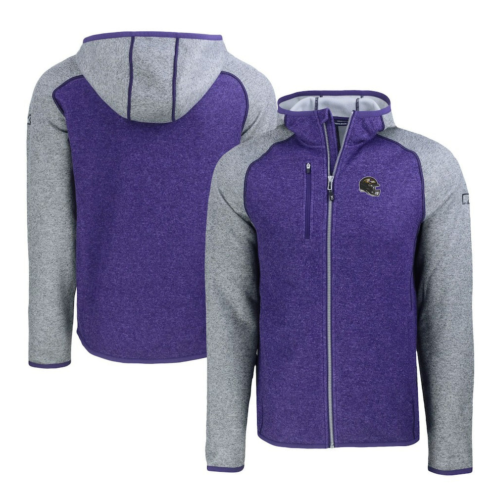 Baltimore Ravens Cutter & Buck Helmet Mainsail Sweater-Knit Full-Zip Hoodie - Heather Purple/Heather Gray on sale