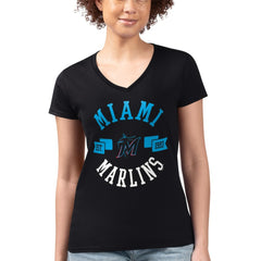 Miami Marlins G-III 4Her by Carl Banks Women's Super-Slim Fit Lightweight City Graphic V-Neck T-Shirt Black