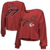 Travis Kelce Kansas City Chiefs Majestic Threads Women's Name & Number Off-Shoulder Script Cropped Long Sleeve V-Neck T-Shirt - Red for sale