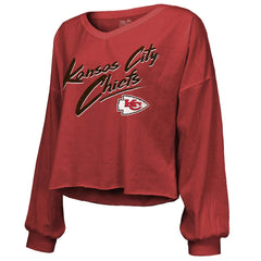 Travis Kelce Kansas City Chiefs Majestic Threads Women's Name & Number Off-Shoulder Script Cropped Long Sleeve V-Neck T-Shirt - Red for sale