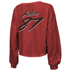 Travis Kelce Kansas City Chiefs Majestic Threads Women's Name & Number Off-Shoulder Script Cropped Long Sleeve V-Neck T-Shirt - Red for sale