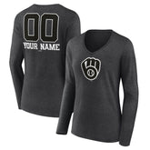 Milwaukee Brewers Women's Personalized Monochrome Name & Number Long Sleeve V-Neck T-Shirt Charcoal