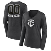 Minnesota Twins Women's Personalized Monochrome Name & Number Long Sleeve V-Neck T-Shirt Charcoal