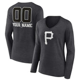 Pittsburgh Pirates Women's Personalized Monochrome Name & Number Long Sleeve V-Neck T-Shirt Charcoal