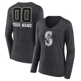 Seattle Mariners Women's Personalized Monochrome Name & Number Long Sleeve V-Neck T-Shirt Charcoal